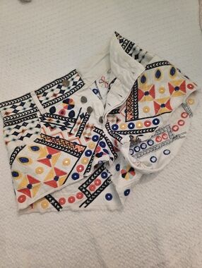 Farm Rio White Embroidered Festival Shorts with Multicolor Geometric Stitching